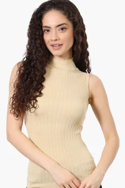 Magazine Ribbed Sleeveless Mock Neck Tank Top - Beige
