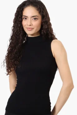 Magazine Ribbed Sleeveless Mock Neck Tank Top - Black