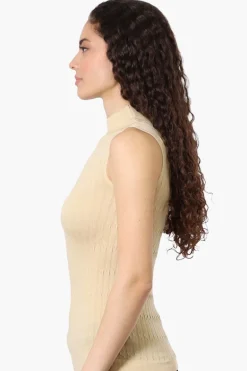 Magazine Ribbed Sleeveless Mock Neck Tank Top - Beige