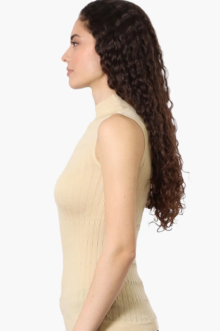 Magazine Ribbed Sleeveless Mock Neck Tank Top - Beige
