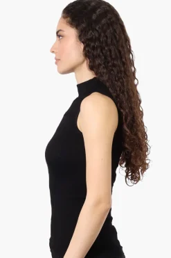 Magazine Ribbed Sleeveless Mock Neck Tank Top - Black