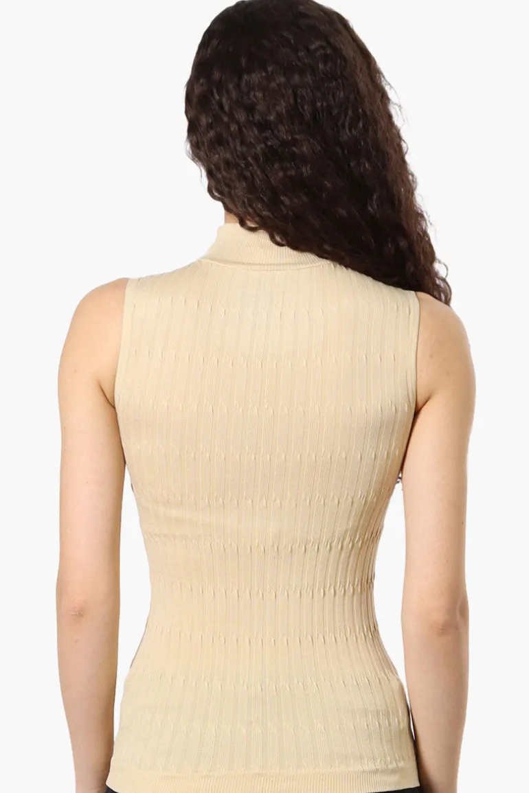 Magazine Ribbed Sleeveless Mock Neck Tank Top - Beige
