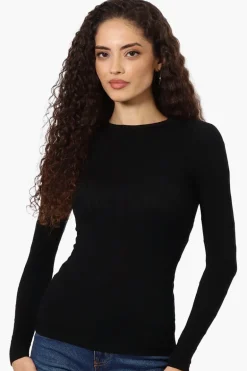 Magazine Solid Ribbed Crewneck Long Sleeve Top - Black