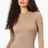 Magazine Solid Ribbed Crewneck Long Sleeve Top - Beige