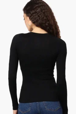 Magazine Solid Ribbed Crewneck Long Sleeve Top - Black
