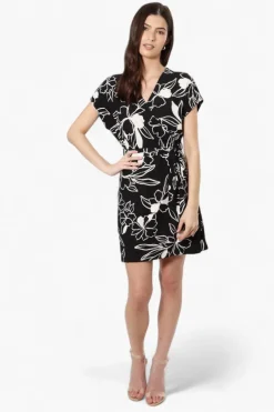 Majora Belted Floral Crossover Day Dress - Black