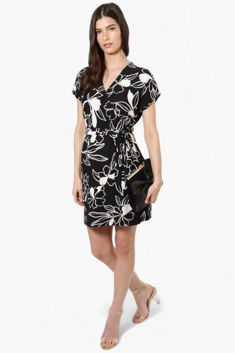 Majora Belted Floral Crossover Day Dress - Black