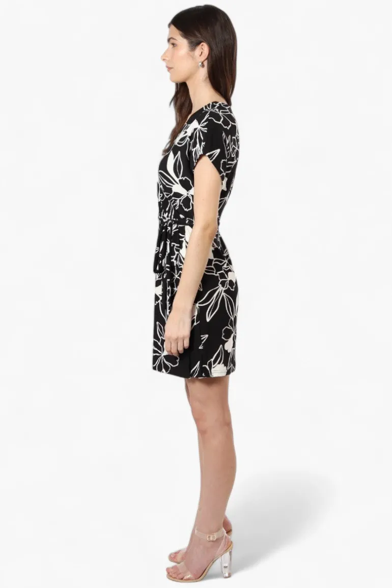 Majora Belted Floral Crossover Day Dress - Black