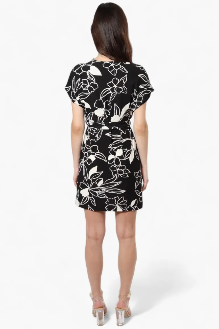 Majora Belted Floral Crossover Day Dress - Black