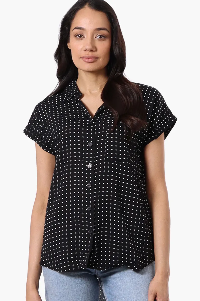 Majora Dotted Pattern Camp Collar Button Up Shirt - Black
