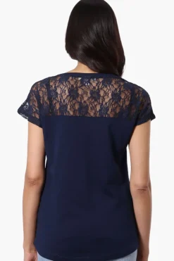 Majora Floral Lace Cap Sleeve Tee - Navy