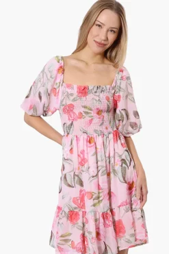 Majora Floral Puff Sleeve Smocked Day Dress - Pink