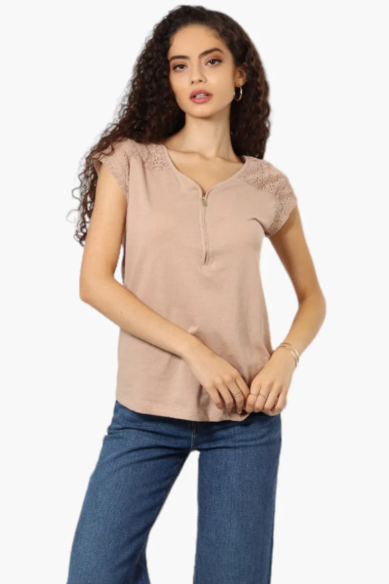 Majora Half Zip Lace Shoulder Tee - Beige
