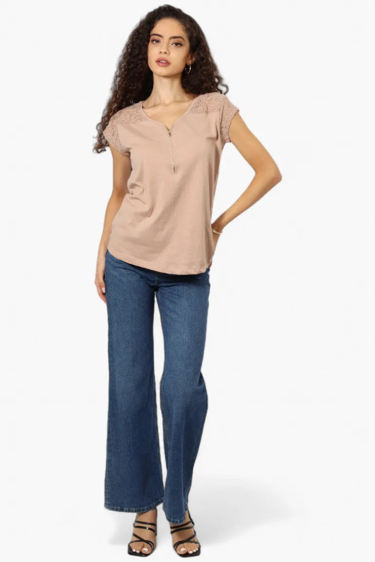 Majora Half Zip Lace Shoulder Tee - Beige