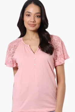 Majora Lace Cap Sleeve V-Neck Tee - Pink