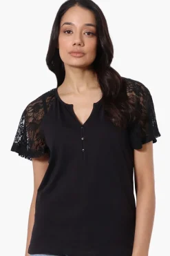 Majora Lace Cap Sleeve V-Neck Tee - Black