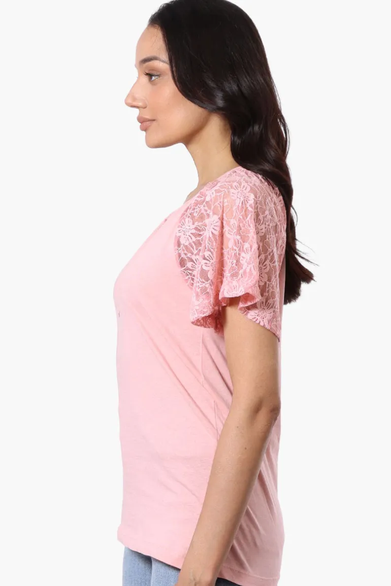 Majora Lace Cap Sleeve V-Neck Tee - Pink