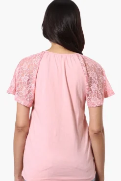 Majora Lace Cap Sleeve V-Neck Tee - Pink