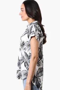 Majora Leaf Pattern Camp Collar Button Up Shirt - White