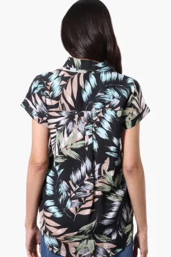 Majora Leaf Print Button Down Shirt - Black
