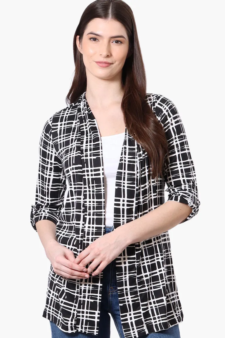 Majora Patterned Roll Up Sleeve Wrap Cardigan - Black