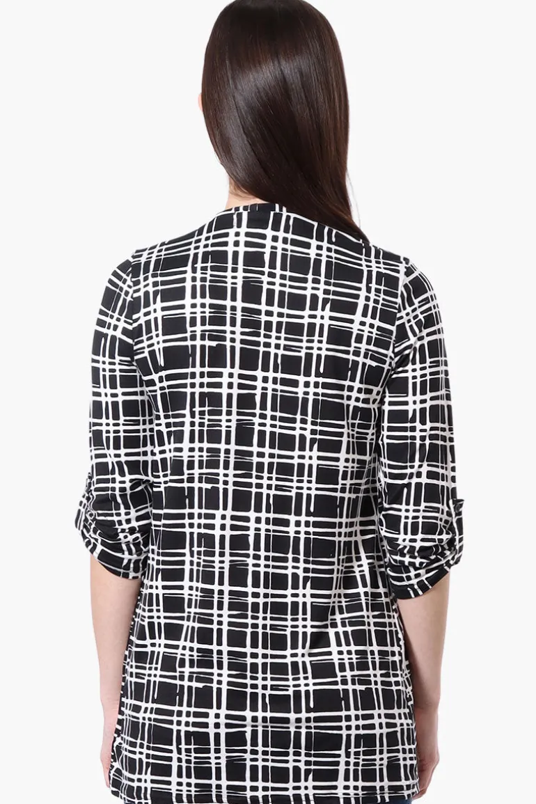 Majora Patterned Roll Up Sleeve Wrap Cardigan - Black