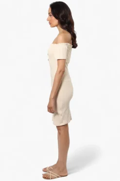 Majora Ribbed Off Shoulder Day Dress - Beige