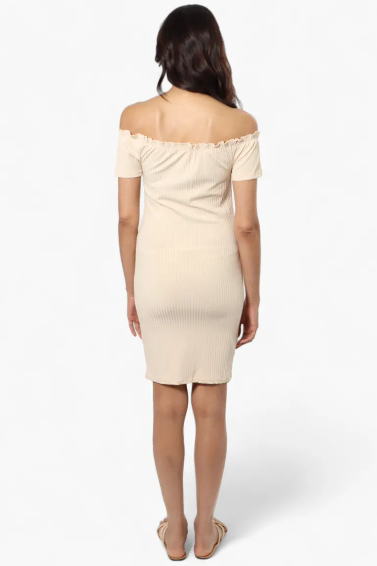 Majora Ribbed Off Shoulder Day Dress - Beige