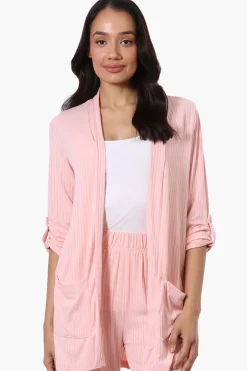 Majora Ribbed Roll Up Sleeve Wrap Cardigan - Pink