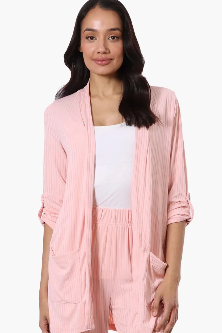Majora Ribbed Roll Up Sleeve Wrap Cardigan - Pink