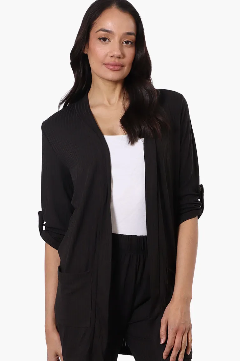 Majora Ribbed Roll Up Sleeve Wrap Cardigan - Black