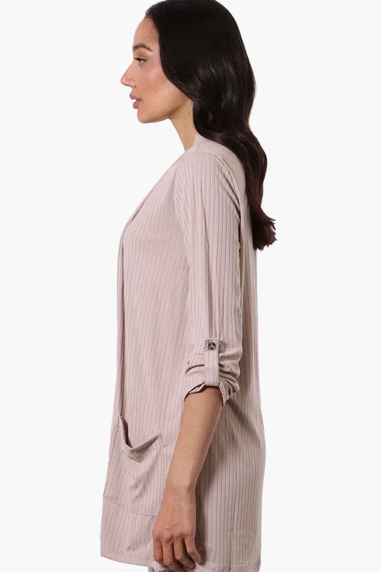 Majora Ribbed Roll Up Sleeve Wrap Cardigan - Beige