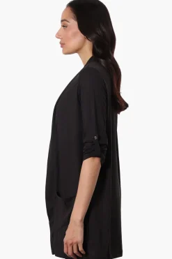 Majora Ribbed Roll Up Sleeve Wrap Cardigan - Black