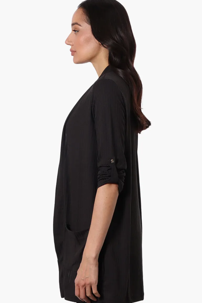 Majora Ribbed Roll Up Sleeve Wrap Cardigan - Black