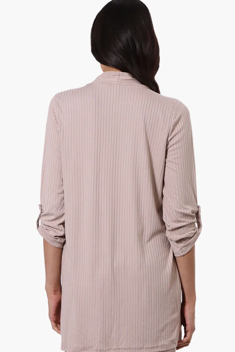 Majora Ribbed Roll Up Sleeve Wrap Cardigan - Beige