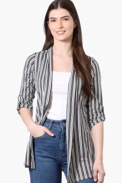 Majora Striped Roll Up Sleeve Wrap Cardigan - White