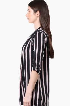 Majora Striped Roll Up Sleeve Wrap Cardigan - Black