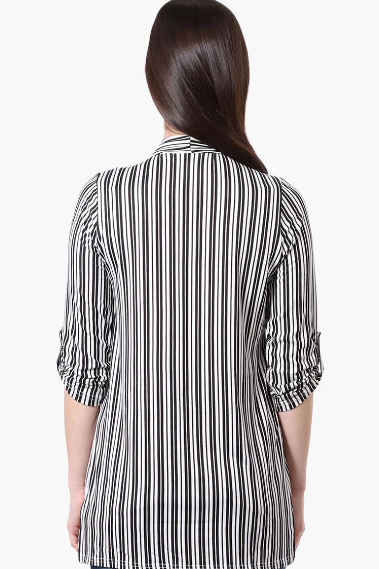 Majora Striped Roll Up Sleeve Wrap Cardigan - White
