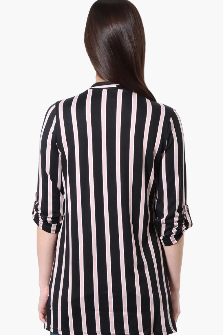 Majora Striped Roll Up Sleeve Wrap Cardigan - Black