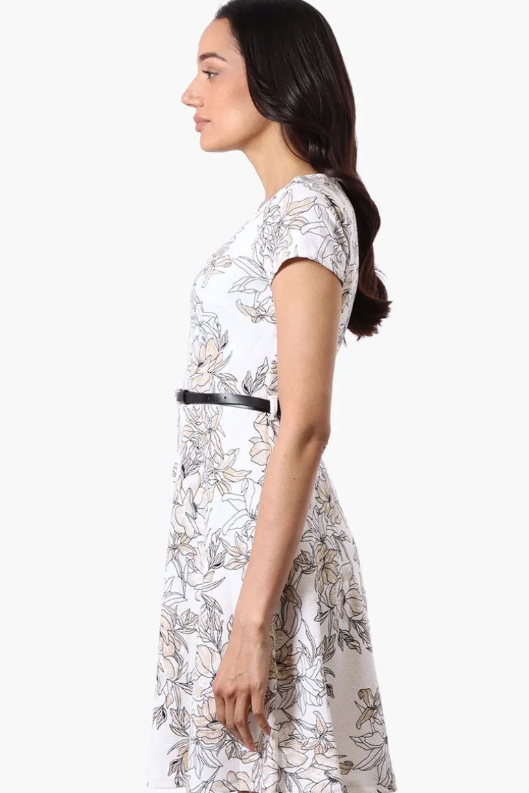 Runaway Bay Floral Belted Skater Day Dress - White