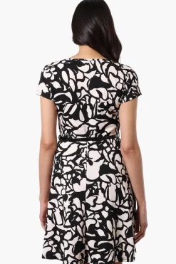 Runaway Bay Patterned Belted Skater Day Dress - Black
