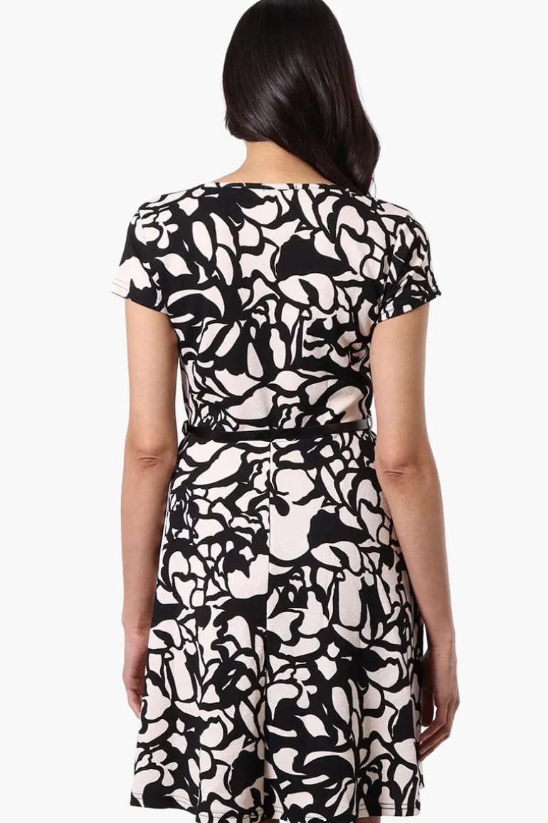 Runaway Bay Patterned Belted Skater Day Dress - Black