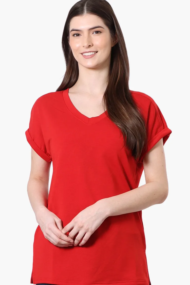 Runaway Bay Sport Cuffed Sleeve V-Neck Tee - Red