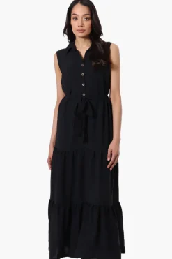 Stylexchange Belted Tiered Front Button Maxi Dress - Black