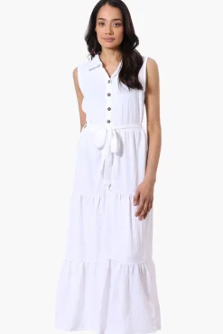 Stylexchange Belted Tiered Front Button Maxi Dress - White