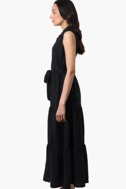 Stylexchange Belted Tiered Front Button Maxi Dress - Black