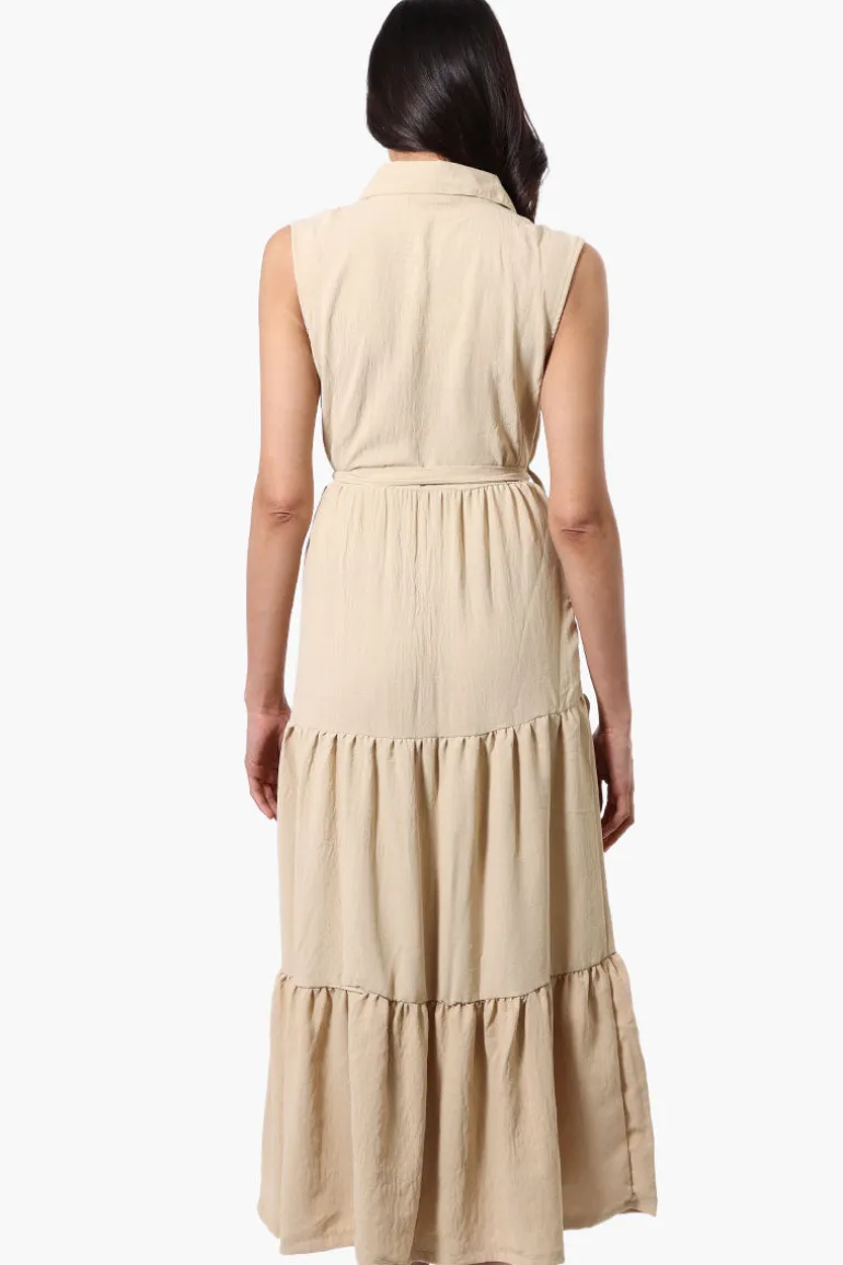 Stylexchange Belted Tiered Front Button Maxi Dress - Beige