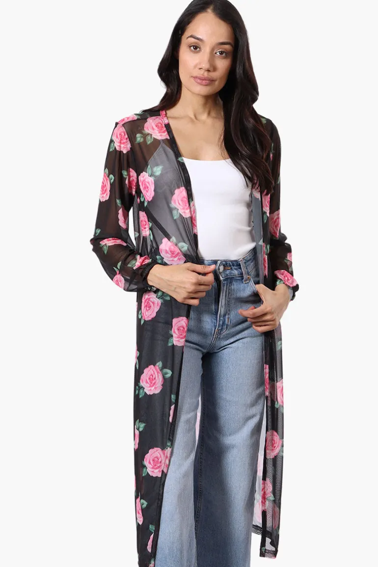 Stylexchange Floral Long Sleeve Sheer Duster Cardigan - Black