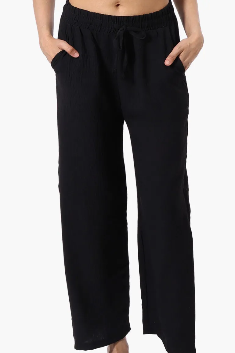 Stylexchange Tie Waist Wide Leg Crinkled Pants - Black