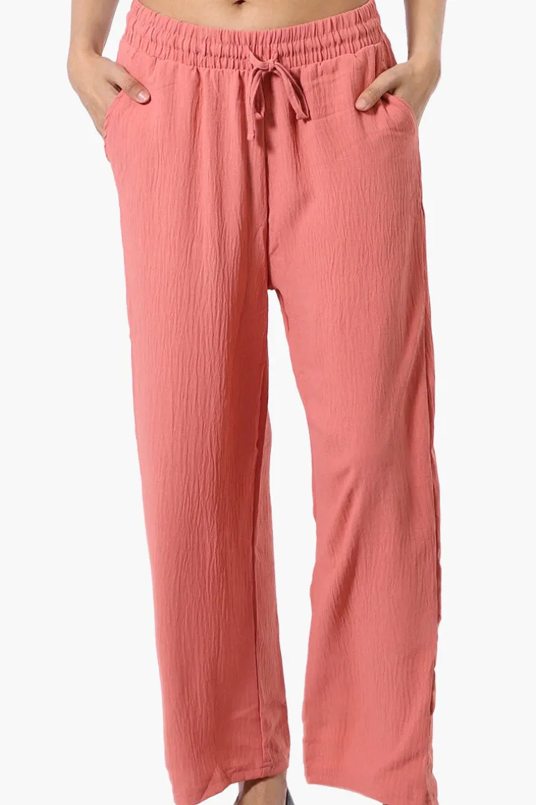 Stylexchange Tie Waist Wide Leg Crinkled Pants - Coral